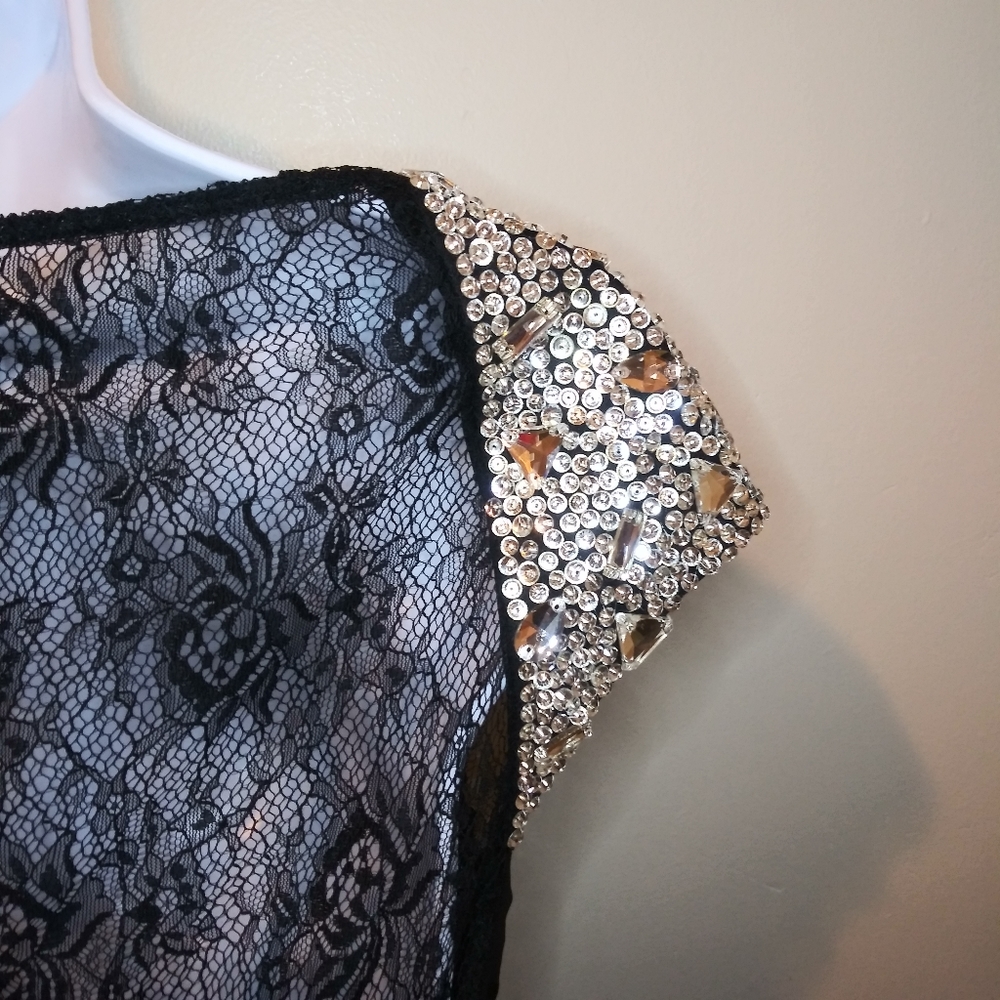 Jovani Sexy Black Rhinestone & Bead Studded Cap Sleeved Cocktail Dress - Picture 11 of 16